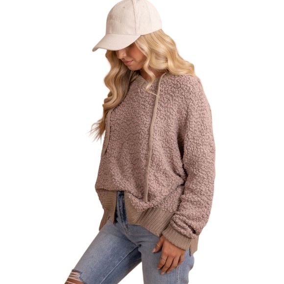 𝅺FAVLUX Women's Popcorn Hoodie Tan Oversized Sweater S - Picture 3 of 12